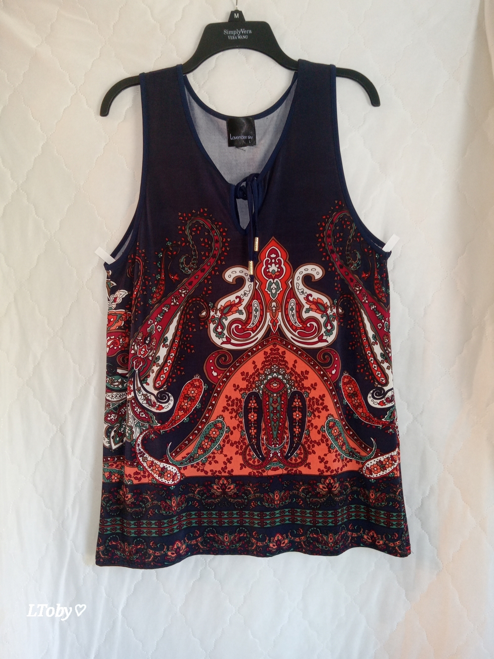 Lavender Sky Navy Paisley Print Tank Top with Red & Orange Accents